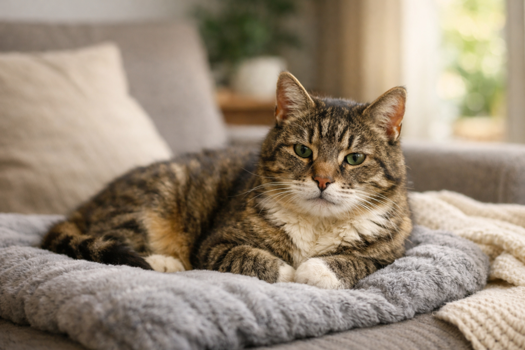 Gato idoso descansando confortavelmente em casa, exemplo de cuidado com dor crônica felina