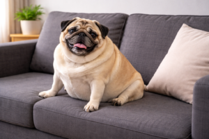 cachorro com obesidade e dificuldade de mobilidade